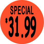 "$31.99 w/SPECIAL heading" Price Sticker / Labels with 500 large 1-1/8" Round (Red) labels  per roll from $5.59* EA in 5 Pack.