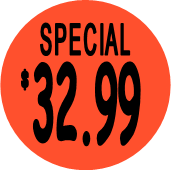 "$32.99 w/SPECIAL heading" Price Sticker / Labels with 500 large 1-1/8" Round (Red) labels  per roll from $5.59* EA in 5 Pack.