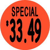 "$33.49 w/SPECIAL heading" Price Sticker / Labels with 500 large 1-1/8" Round (Red) labels  per roll from $5.59* EA in 5 Pack.