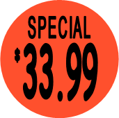 "$33.99 w/SPECIAL heading" Price Sticker / Labels with 500 large 1-1/8" Round (Red) labels  per roll from $5.59* EA in 5 Pack.