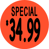 "$34.99 w/SPECIAL heading" Price Sticker / Labels with 500 large 1-1/8" Round (Red) labels  per roll from $5.59* EA in 5 Pack.