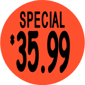 "$35.99 w/SPECIAL heading" Price Sticker / Labels with 500 large 1-1/8" Round (Red) labels  per roll from $5.59* EA in 5 Pack.