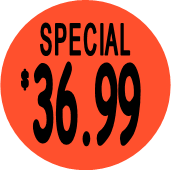 "$36.99 w/SPECIAL heading" Price Sticker / Labels with 500 large 1-1/8" Round (Red) labels  per roll from $5.59* EA in 5 Pack.