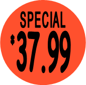 "$37.99 w/SPECIAL heading" Price Sticker / Labels with 500 large 1-1/8" Round (Red) labels  per roll from $5.59* EA in 5 Pack.