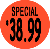 "$38.99 w/SPECIAL heading" Price Sticker / Labels with 500 large 1-1/8" Round (Red) labels  per roll from $5.59* EA in 5 Pack.