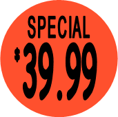 "$39.99 w/SPECIAL heading" Price Sticker / Labels with 500 large 1-1/8" Round (Red) labels  per roll from $5.59* EA in 5 Pack.