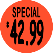 "$42.99 w/SPECIAL heading" Price Sticker / Labels with 500 large 1-1/8" Round (Red) labels  per roll from $5.59* EA in 5 Pack.