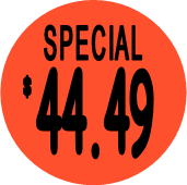 "$44.49 w/SPECIAL heading" Price Sticker / Labels with 500 large 1-1/8" Round (Red) labels  per roll from $5.59* EA in 5 Pack.