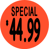 "$44.99 w/SPECIAL heading" Price Sticker / Labels with 500 large 1-1/8" Round (Red) labels  per roll from $5.59* EA in 5 Pack.