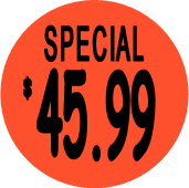 "$45.99 w/SPECIAL heading" Price Sticker / Labels with 500 large 1-1/8" Round (Red) labels  per roll from $5.59* EA in 5 Pack.