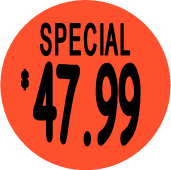 "$47.99 w/SPECIAL heading" Price Sticker / Labels with 500 large 1-1/8" Round (Red) labels  per roll from $5.59* EA in 5 Pack.