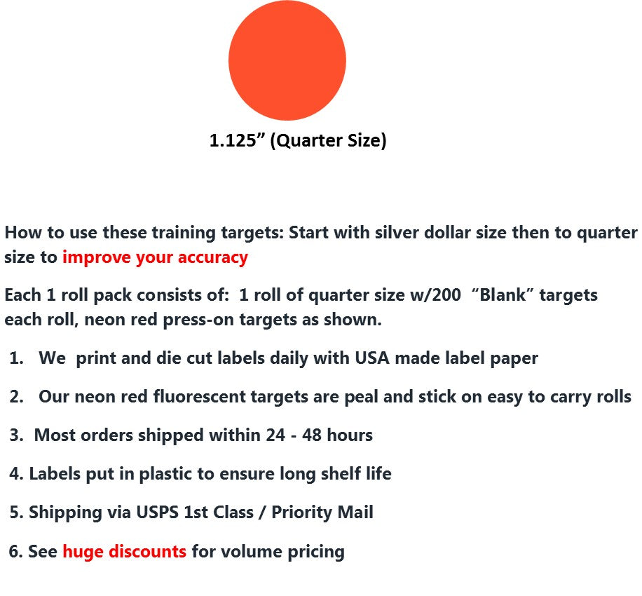 Tiny Targets (It1-1QB) to increase accuracy for rifle, shotgun, pistol and BB guns w-eye catching red neon paper circle quarter size targets blank no crosshairs 1 roll size pack-200 total targets.