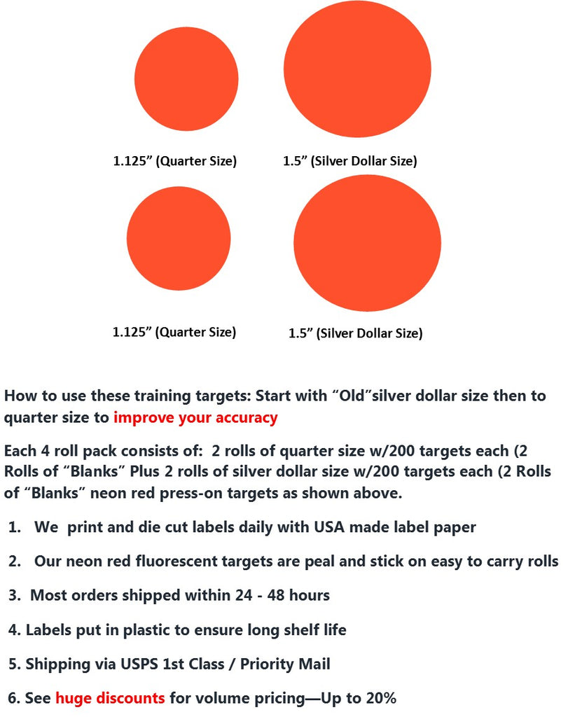 Tiny Targets (It4-2QB2SDB) to increase accuracy for rifle, shotgun, pistol and BB guns w-eye catching red neon paper circle targets blank no crosshairs 4 roll variety size pack-800 total targets.