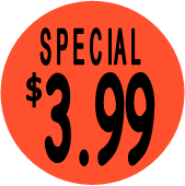 "$3.99 w/SPECIAL heading" Price Sticker / Labels with 500 large 1-1/8" Round (Red) labels  per roll from $5.59* EA in 5 Pack.