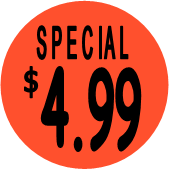 "$4.99 w/SPECIAL heading" Price Sticker / Labels with 500 large 1-1/8" Round (Red) labels  per roll from $5.59* EA in 5 Pack.