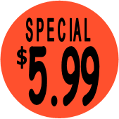 "$5.99 w/SPECIAL heading" Price Sticker / Labels with 500 large 1-1/8" Round (Red) labels  per roll from $5.59* EA in 5 Pack.