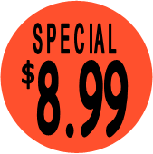 "$8.99 w/SPECIAL heading" Price Sticker / Labels with 500 large 1-1/8" Round (Red) labels  per roll from $5.59* EA in 5 Pack.
