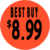 "$8.99 w/BEST BUY heading" Price Sticker / Labels with 500 large 1-1/8" Round (Red) labels  per roll from $5.59* EA in 5 Pack.