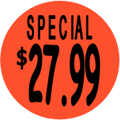 "$27.99 w/SPECIAL heading" Price Sticker / Labels with 500 large 1-1/8" Round (Red) labels  per roll from $5.59* EA in 5 Pack.
