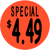 "$4.49 w/SPECIAL heading" Price Sticker / Labels with 500 large 1-1/8" Round (Red) labels  per roll from $5.59* EA in 5 Pack.
