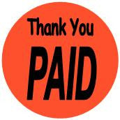 "Thank You - Paid" Store Sticker / Labels with 500 large 1-1/8" Round (Red) labels per roll from $5.59* EA in 5 Pack.